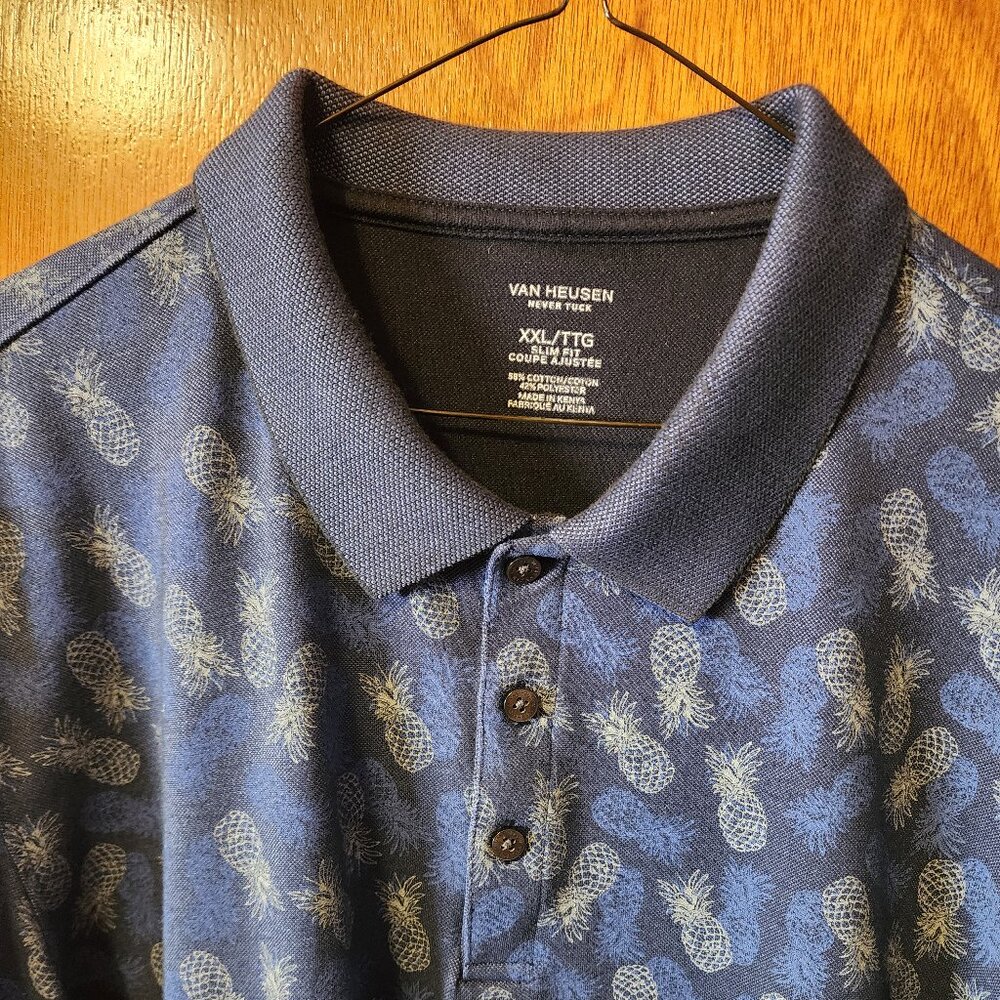Men's 2XL Slim Van Heusen Blue Pineapple Print Short Sleeve Polo Shirt
